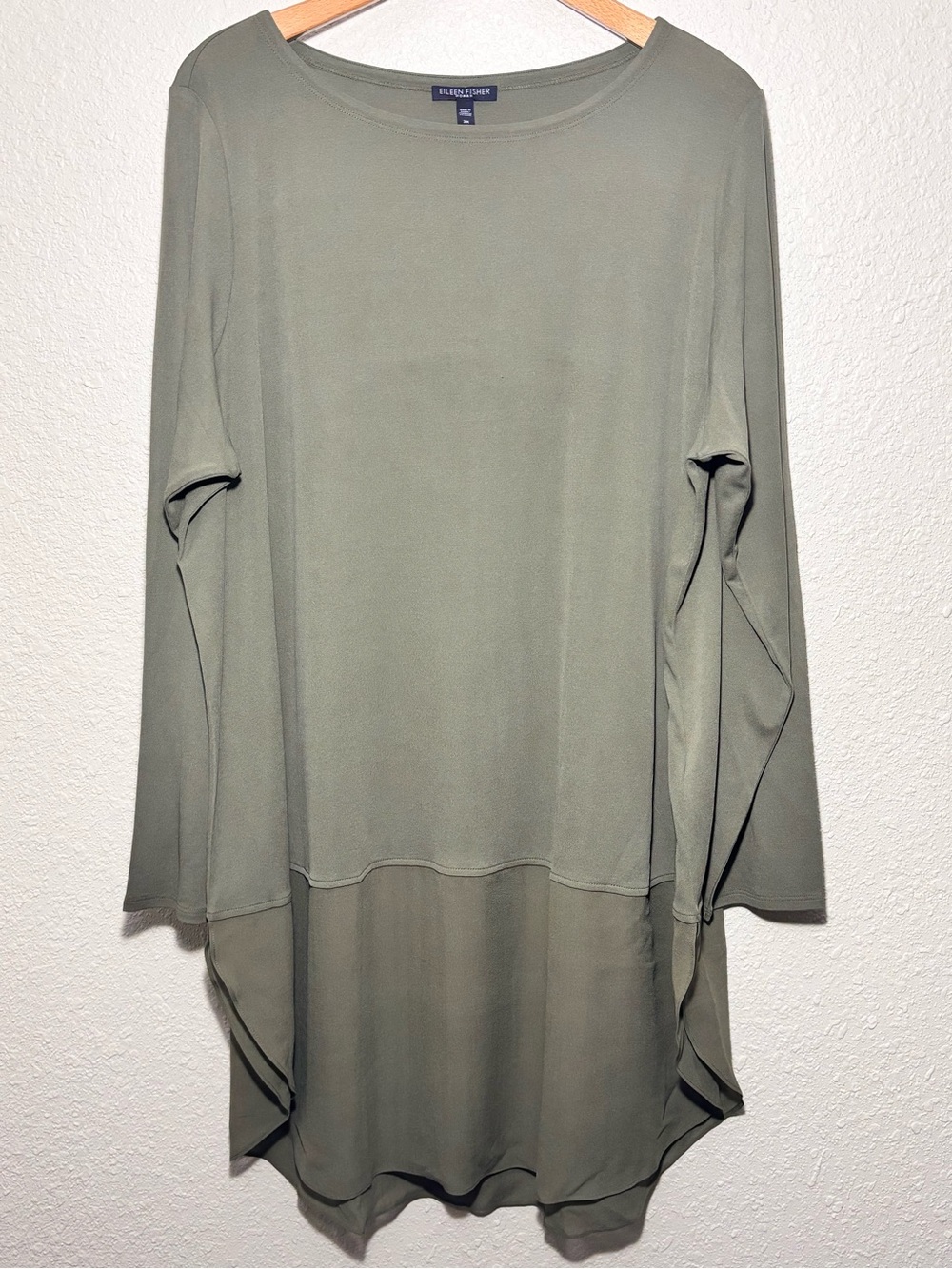 Eileen Fisher silk tunic,sheer layered high-low hem in olive green. Women’s 3X
